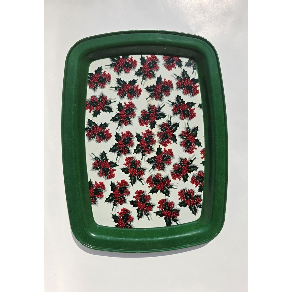 Vintage Christmas Metal Serving Tray 14.5x11 Green Rim Holly Berries Holiday
